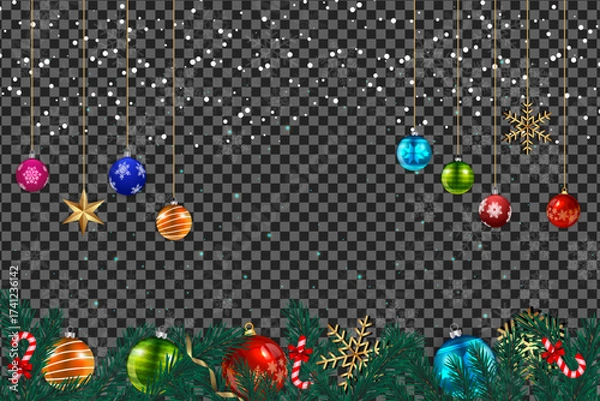Fototapeta Colorful baubles and golden stars hang above green branches with falling snow, transparent background