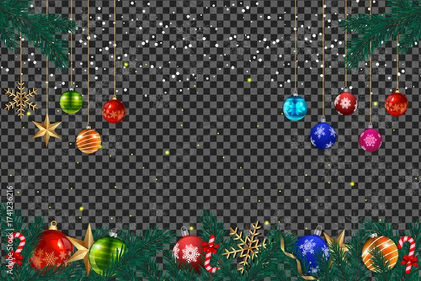 Fototapeta Festive Christmas ornaments and golden star adorn the evergreen branches on transparent background