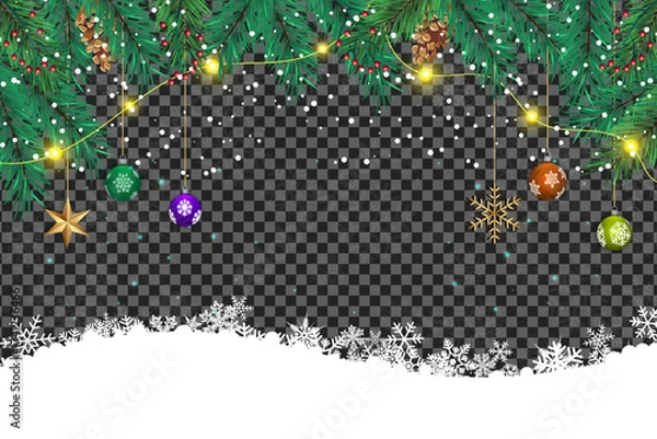 Fototapeta Colorful ornamentals and lights hang above snowdrifts on spruce branches over transparent background