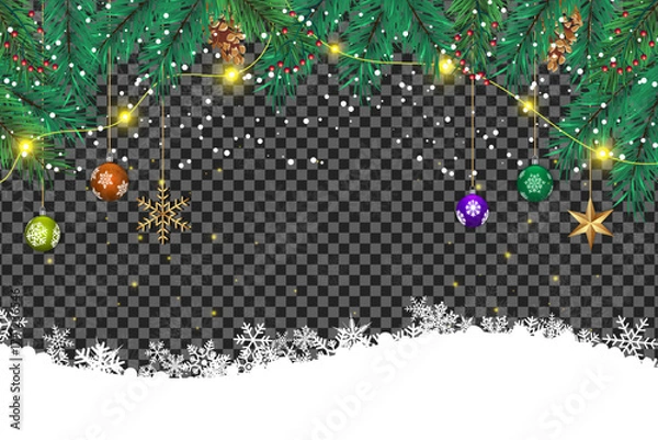 Fototapeta Pine branches and snowflake decorations dangle over the snowy background, providing a transparent effect