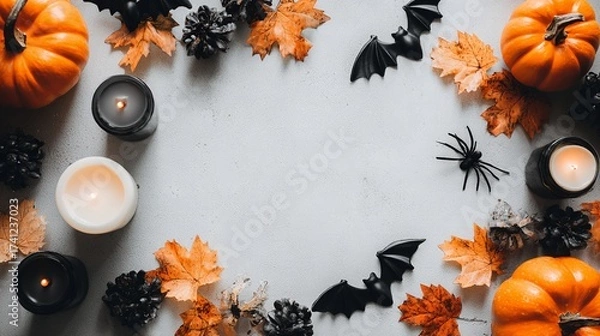 Fototapeta Halloween frame with decorations of pumpkin, paper bats and black spider.flat lay top view wallpaper.