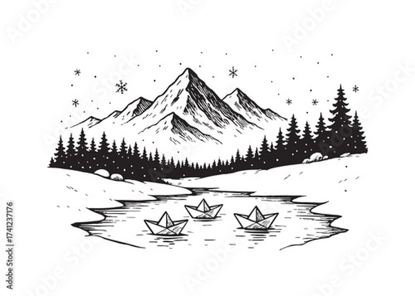 Fototapeta Lake with paper boats vector sketch. Mountain landscape and forest vector sketch black and white drawing