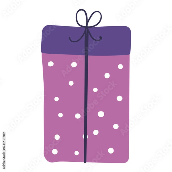 Fototapeta Christmas present, holiday gift in colorful wrapping, tied with string isolated on transparent. Hand drawn flat vector illustration. Traditional holiday, New Year, seasonal design element, clip art