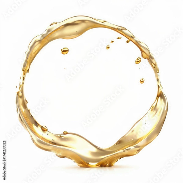 Fototapeta Golden Liquid Splash Creating a Ring Shape on a White Background