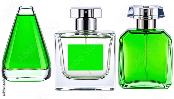 Fototapeta Three glass perfume bottles with green liquid elegant design.