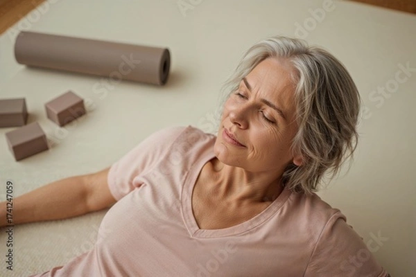 Fototapeta Elderly woman resting on yoga mat with eyes closed and relaxed expression after completing a home workout session with yoga equipment in background.