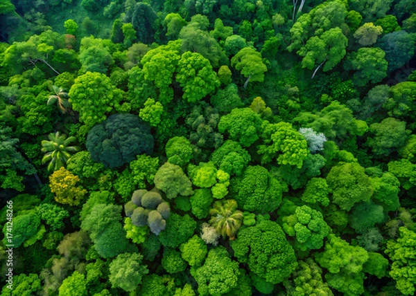 Fototapeta Overhead perspective of dense tropical rainforest canopy