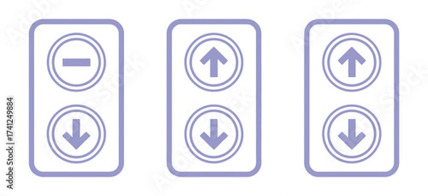 Fototapeta Vector art of a trio of elevator control panels, each featuring distinct directional buttons, the left panel has a minus sign and a down arrow, while the other two have up and down arrows