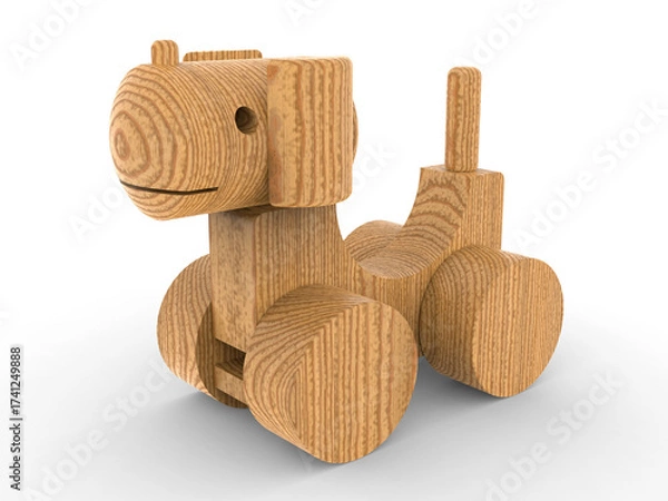 Fototapeta Rustic wooden dog toy featuring geometric blocks and smooth cylindrical wheels - 3D rendering