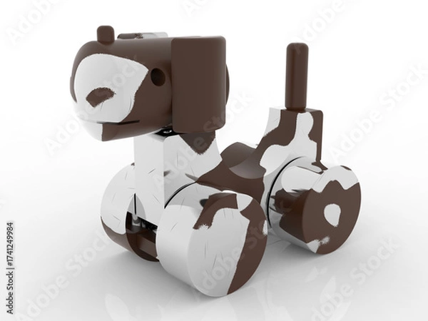 Fototapeta Playful spotted dalmatian dog pull-along toy crafted from geometric blocks and smooth wheels - 3D rendering