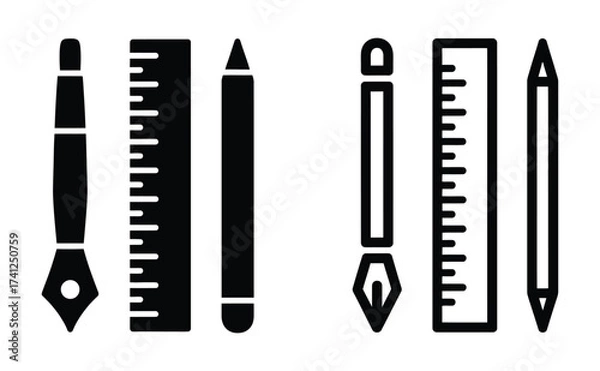 Fototapeta Illustration of drawing tools, featuring a pen, ruler, and pencil, rendered in a minimalist black and white style, ideal for design or educational purposes