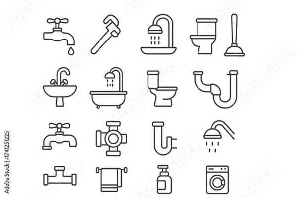 Fototapeta Bathroom and plumbing thin line icon set. Sanitary ware and toilet equipment collection. Vector outline pictograms for web and graphic design. Faucet, shower, sink, pipe symbols.