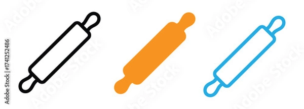 Fototapeta Vector art of three rolling pins a black outline, an orange, and a blue one, all angled slightly to the left, representing baking and cooking tools for dough