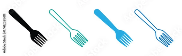 Fototapeta Vector art of four forks in black, green, blue, and light blue are arranged against a white backdrop, showcasing different color variations of this common utensil