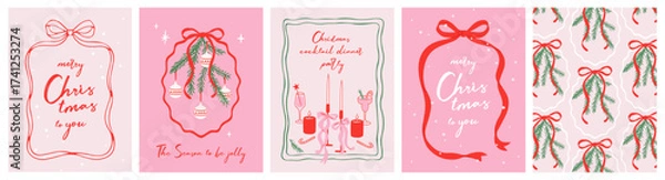 Obraz Merry Christmas greeting card Set. Beautiful Xmas design in trendy retro hand drawn doodle style with bow and ribbon frame, fir branches, candles, cocktails. Xmas art banner, poster, cover templates.