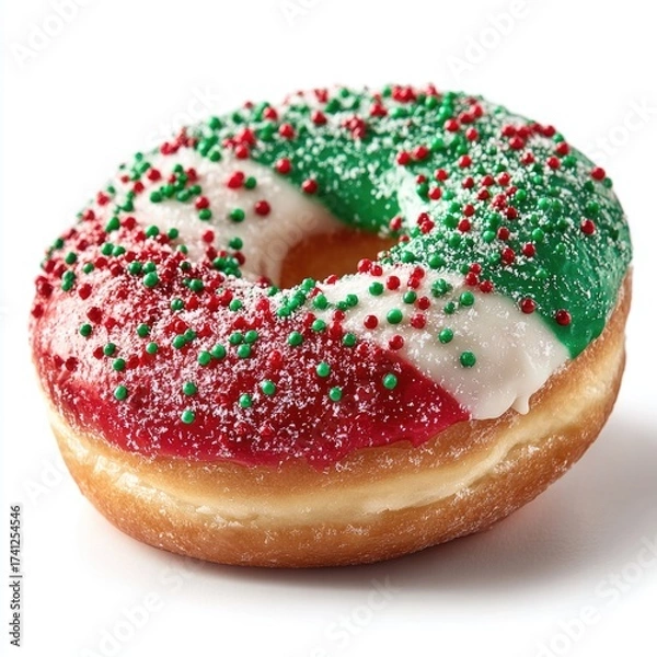 Fototapeta Festive decorated donut with red and green toppings.