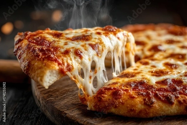 Fototapeta A close up of a delicious pizza slice with melting cheese