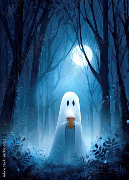 Fototapeta A friendly ghost stands in a misty forest, holding a steaming cup of coffee. The pale moonlight shines through the tall trees, creating an enchanting atmosphere. A sense of wonder fills the air.