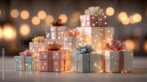 Fototapeta Colorful gift boxes illuminated with warm lights in a festive setting.