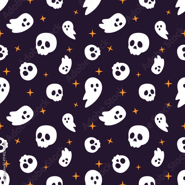 Fototapeta Seamless Halloween pattern with cute white ghosts, skulls, and orange stars on dark background. Designed for textile, wallpaper, wrapping paper, party decoration, and holiday design.