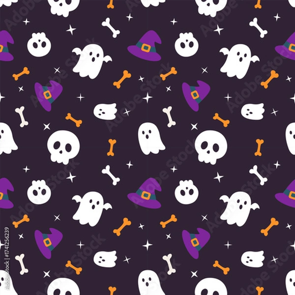 Fototapeta Seamless Halloween cartoon pattern with ghosts, skulls, witch hats, bones, and stars on dark background. Designed for textile, wallpaper, wrapping, party invitations, and holiday decor.