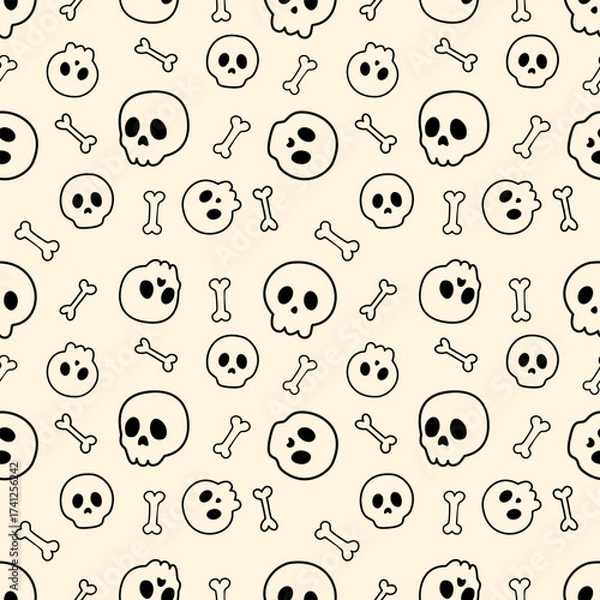 Fototapeta Seamless Halloween pattern with black skulls and bones on beige background. Minimal spooky design perfect for textile, wallpaper, wrapping paper, stationery, party decor, and holiday theme.