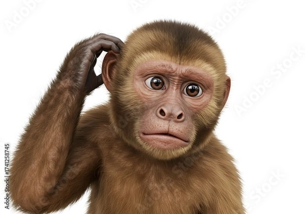 Fototapeta A confused young brown monkey scratches its head, looking puzzled and thoughtful against a white background.