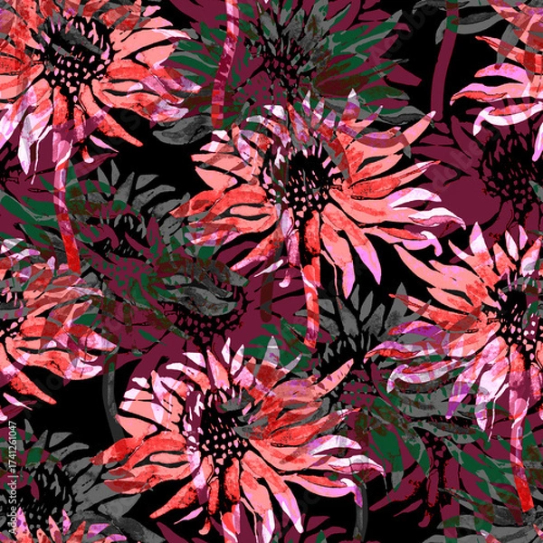 Fototapeta Vibrant dark floral seamless pattern with close-up pink chrysanthemum flowers. Perfect for wallpaper, bedding, textile, apparel fabric, poster, package.