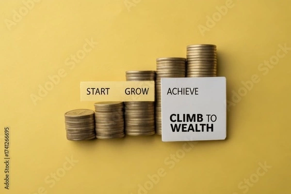 Fototapeta Stacks of Golden Coins Form Staircase Displaying Financial Growth