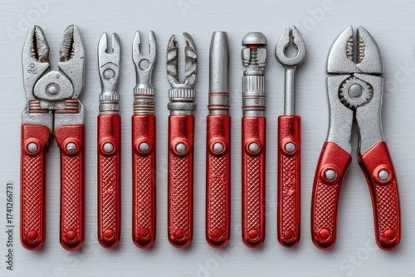 Fototapeta Red and silver hand tools arranged neatly against a white surface