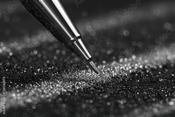Fototapeta Macro shot of a metal nozzle extruding onto a glitter surface