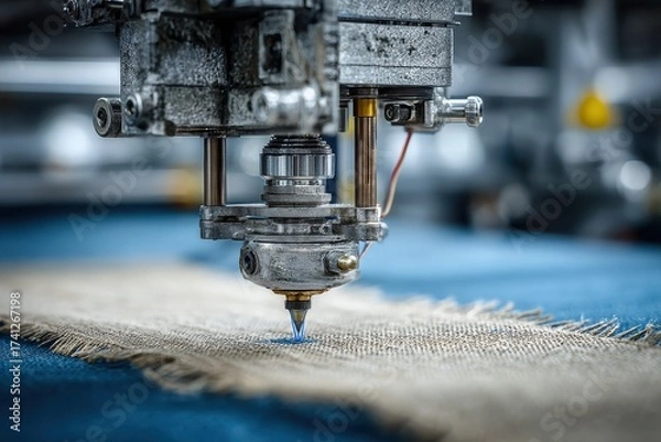 Fototapeta Macro shot of a nozzle printing onto fabric with industrial machine