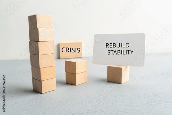 Fototapeta Wooden blocks representing a crisis situation with stability efforts