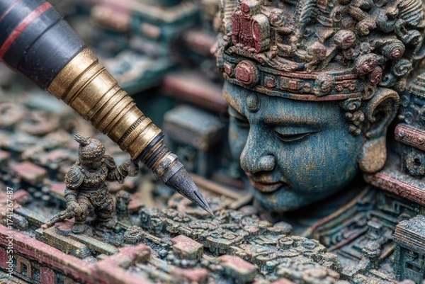 Fototapeta Macro shot of a tattoo machine near a detailed buddha statue