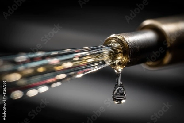 Fototapeta Macro shot of flowing liquid from a nozzle with data fibers