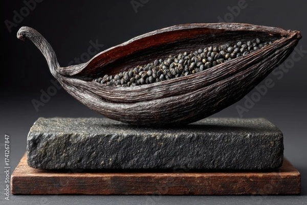 Fototapeta Vanilla Bean Pod with Seeds on Stone Surface Closeup
