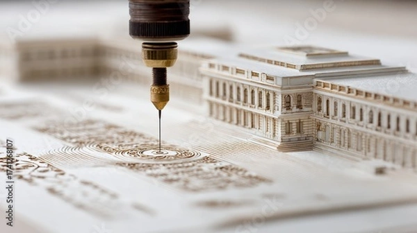 Fototapeta Miniature building being precisely carved by a laser