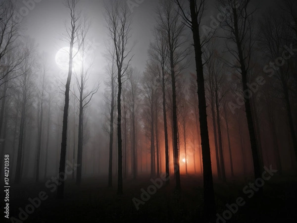 Obraz Misty Forest with Dual Lights and Eerie Fog