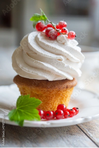 Fototapeta Red currant cake and a cup of aromatic tea in a porcelain cup on the table.