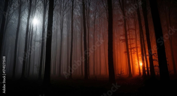 Obraz Misty Forest with Dual Lights and Eerie Fog