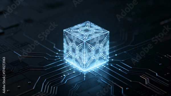 Fototapeta Cube with circuit patterns on dark surface