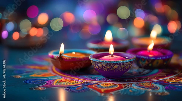 Fototapeta Close up of lit diya lamps on a colorful surface with blurred lights background