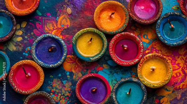 Fototapeta Overhead view of colorful diya candles arranged on a vibrant painted surface art