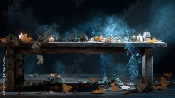 Fototapeta Rustic wooden table adorned with candles, autumn leaves, and ethereal smoke effects