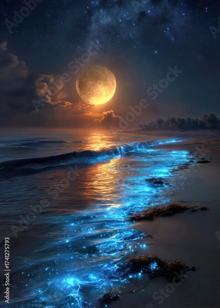 Fototapeta As the golden moon rises above the horizon, ocean waves shimmer with bright blue light, creating a magical scene. Stars twinkle, illuminating the calm beach, capturing nature's beauty.