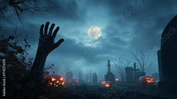 Fototapeta A spooky halloween graveyard scene with pumpkins, zombie hand, and a full moon night