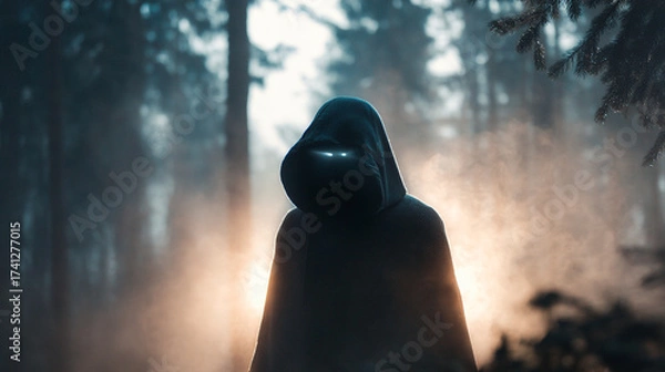 Fototapeta Hooded figure with glowing eyes standing in a misty forest with trees around it