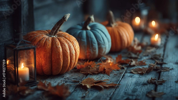 Fototapeta A rustic autumn display with pumpkins, candles, and fallen leaves on wood planks