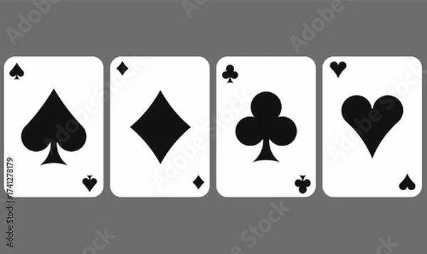 Fototapeta Vector illustration of four playing cards showing spade, diamond, club, and heart suits. Simple black and white design for games, casino, gambling
