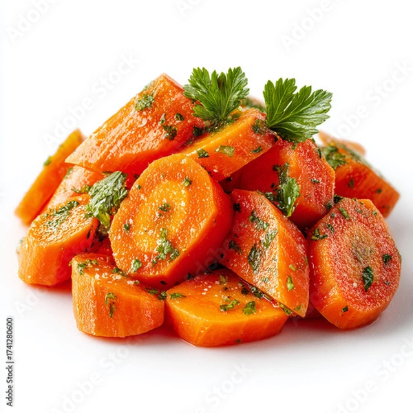Fototapeta A pile of sliced carrots with green herbs on a white surface in a close up studio shot image view